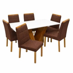 Mesa De Jantar Classic 160x80cm Com Vidro E 6 Cadeiras Giulia Em Veludo Estofadas Cel Moveis Cinamomo Off White Com Tecido Marrom 46772