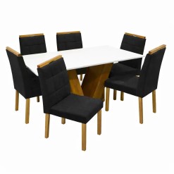 Mesa De Jantar Classic 160x80cm Com Vidro E 6 Cadeiras Giulia Em Veludo Estofadas Cel Moveis Cinamomo Off White Com Tecido Preto 23663