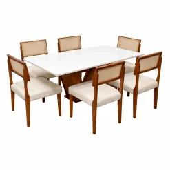 Mesa De Jantar Classic 160x80cm Com Vidro E 6 Cadeiras Grecia Em Linho Madeira Cel Moveis Cinamomo Off White Com Tecido Bege 62564