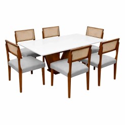 Mesa De Jantar Classic 160x80cm Com Vidro E 6 Cadeiras Grecia Em Linho Madeira Cel Moveis Cinamomo Off White Com Tecido Cinza 26001