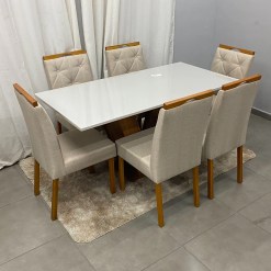 Mesa De Jantar Classic 160x80cm Com Vidro E 6 Cadeiras Jasmim Em Linho Estofadas Cel Moveis 60932