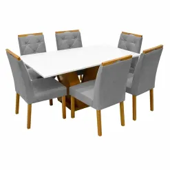 Mesa De Jantar Classic 160x80cm Com Vidro E 6 Cadeiras Jasmim Em Linho Estofadas Cel Moveis Cinamomo Off White Com Tecido Cinza 13328