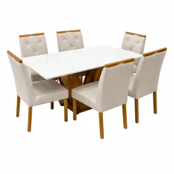 Mesa De Jantar Classic 160x80cm Com Vidro E 6 Cadeiras Jasmim Em Veludo Estofadas Cel Moveis Cinamomo Off White Com Tecido Bege 40508