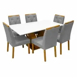 Mesa De Jantar Classic 160x80cm Com Vidro E 6 Cadeiras Jasmim Em Veludo Estofadas Cel Moveis Cinamomo Off White Com Tecido Cinza 46145