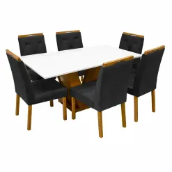 Mesa De Jantar Classic 160x80cm Com Vidro E 6 Cadeiras Jasmim Em Veludo Estofadas Cel Moveis Cinamomo Off White Com Tecido Preto 62094