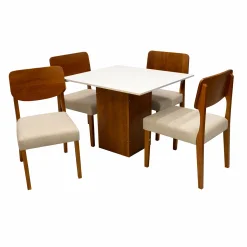 Mesa De Jantar Dakota 90x90cm Sem Vidro E 4 Cadeiras Barcelona Em Linho Madeira Cel Moveis Cinamomo Off White Com Tecido Bege 34838