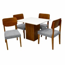 Mesa De Jantar Dakota 90x90cm Sem Vidro E 4 Cadeiras Barcelona Em Linho Madeira Cel Moveis Cinamomo Off White Com Tecido Cinza 90412
