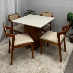 Mesa De Jantar Dakota 90x90cm Sem Vidro E 4 Cadeiras Berlim Hr Em Linho Madeira Cel Moveis 16780