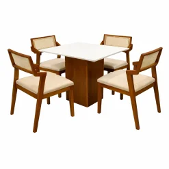 Mesa De Jantar Dakota 90x90cm Sem Vidro E 4 Cadeiras Berlim Hr Em Linho Madeira Cel Moveis Cinamomo Off White Com Tecido Bege 89395