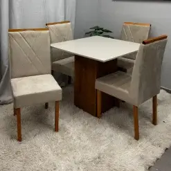 Mesa De Jantar Dakota 90x90cm Sem Vidro E 4 Cadeiras California Em Linho Estofadas Cel Moveis 76156