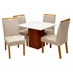 Mesa De Jantar Dakota 90x90cm Sem Vidro E 4 Cadeiras California Em Linho Estofadas Cel Moveis Cinamomo Off White Com Tecido Bege 32259