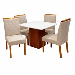 Mesa De Jantar Dakota 90x90cm Sem Vidro E 4 Cadeiras California Em Veludo Estofadas Cel Moveis Cinamomo Off White Com Tecido Bege 55038