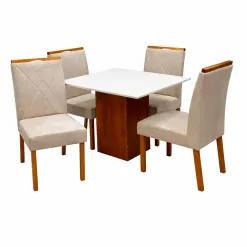 Mesa De Jantar Dakota 90x90cm Sem Vidro E 4 Cadeiras California Em Veludo Estofadas Cel Moveis Cinamomo Off White Com Tecido Bege 55038