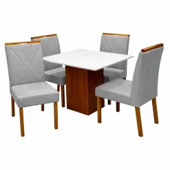 Mesa De Jantar Dakota 90x90cm Sem Vidro E 4 Cadeiras California Em Veludo Estofadas Cel Moveis Cinamomo Off White Com Tecido Cinza 16758
