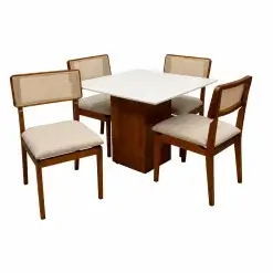 Mesa De Jantar Dakota 90x90cm Sem Vidro E 4 Cadeiras Canada Em Linho Madeira Cel Moveis Cinamomo Off White Com Tecido Bege 89011
