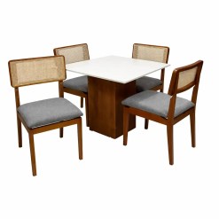 Mesa De Jantar Dakota 90x90cm Sem Vidro E 4 Cadeiras Canada Em Linho Madeira Cel Moveis Cinamomo Off White Com Tecido Cinza 98875
