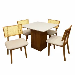 Mesa De Jantar Dakota 90x90cm Sem Vidro E 4 Cadeiras Diamante Em Linho Madeira Cel Moveis Cinamomo Off White Com Tecido Bege 85116