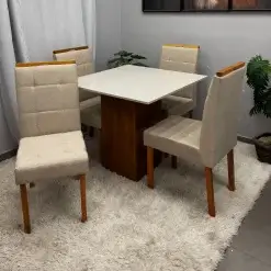 Mesa De Jantar Dakota 90x90cm Sem Vidro E 4 Cadeiras Giulia Em Linho Estofadas Cel Moveis 30212