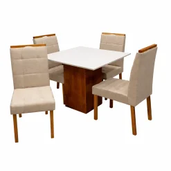 Mesa De Jantar Dakota 90x90cm Sem Vidro E 4 Cadeiras Giulia Em Linho Estofadas Cel Moveis Cinamomo Off White Com Tecido Bege 63785