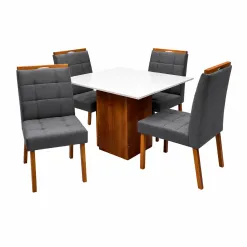 Mesa De Jantar Dakota 90x90cm Sem Vidro E 4 Cadeiras Giulia Em Linho Estofadas Cel Moveis Cinamomo Off White Com Tecido Cinza 43052