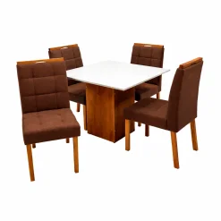 Mesa De Jantar Dakota 90x90cm Sem Vidro E 4 Cadeiras Giulia Em Veludo Estofadas Cel Moveis Cinamomo Off White Com Tecido Marrom 53731