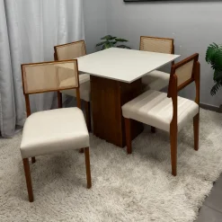 Mesa De Jantar Dakota 90x90cm Sem Vidro E 4 Cadeiras Grecia Em Linho Madeira Cel Moveis 67827