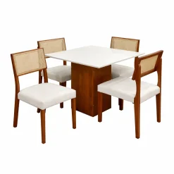 Mesa De Jantar Dakota 90x90cm Sem Vidro E 4 Cadeiras Grecia Em Linho Madeira Cel Moveis Cinamomo Off White Com Tecido Bege 36049