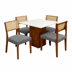 Mesa De Jantar Dakota 90x90cm Sem Vidro E 4 Cadeiras Grecia Em Linho Madeira Cel Moveis Cinamomo Off White Com Tecido Cinza 72227