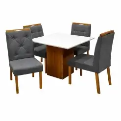 Mesa De Jantar Dakota 90x90cm Sem Vidro E 4 Cadeiras Jasmim Em Linho Estofadas Cel Moveis Cinamomo Off White Com Tecido Cinza 61731