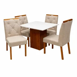 Mesa De Jantar Dakota 90x90cm Sem Vidro E 4 Cadeiras Jasmim Em Veludo Estofadas Cel Moveis Cinamomo Off White Com Tecido Bege 25853