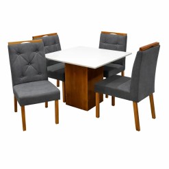 Mesa De Jantar Dakota 90x90cm Sem Vidro E 4 Cadeiras Jasmim Em Veludo Estofadas Cel Moveis Cinamomo Off White Com Tecido Cinza 79497