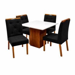 Mesa De Jantar Dakota 90x90cm Sem Vidro E 4 Cadeiras Jasmim Em Veludo Estofadas Cel Moveis Cinamomo Off White Com Tecido Preto 56400