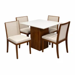 Mesa De Jantar Dakota 90x90cm Sem Vidro E 4 Cadeiras Lara Kappesberg Em Linho Madeira Cel Moveis Cinamomo Off White Com Tecido Bege 59686