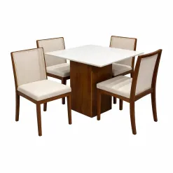 Mesa De Jantar Dakota 90x90cm Sem Vidro E 4 Cadeiras Lara Kappesberg Em Linho Madeira Cel Moveis Cinamomo Off White Com Tecido Bege 59686