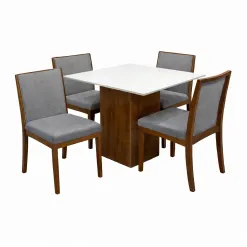 Mesa De Jantar Dakota 90x90cm Sem Vidro E 4 Cadeiras Lara Kappesberg Em Linho Madeira Cel Moveis Cinamomo Off White Com Tecido Cinza 91650
