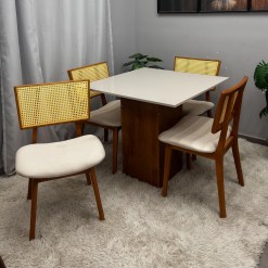 Mesa De Jantar Dakota 90x90cm Sem Vidro E 4 Cadeiras Livia Em Linho Madeira Cel Moveis 10052
