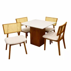 Mesa De Jantar Dakota 90x90cm Sem Vidro E 4 Cadeiras Livia Em Linho Madeira Cel Moveis Cinamomo Off White Com Tecido Bege 67924