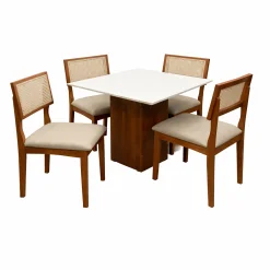 Mesa De Jantar Dakota 90x90cm Sem Vidro E 4 Cadeiras Monalisa Em Linho Madeira Cel Moveis Cinamomo Off White Com Tecido Bege 95310
