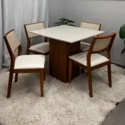 Mesa De Jantar Dakota 90x90cm Sem Vidro E 4 Cadeiras Oiti Em Linho Madeira Cel Moveis 98976