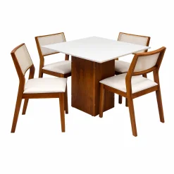 Mesa De Jantar Dakota 90x90cm Sem Vidro E 4 Cadeiras Oiti Em Linho Madeira Cel Moveis Cinamomo Off White Com Tecido Bege 13271