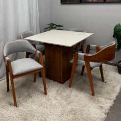 Mesa De Jantar Dakota 90x90cm Sem Vidro E 4 Cadeiras Perola Em Linho Madeira Cel Moveis 12733