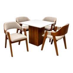 Mesa De Jantar Dakota 90x90cm Sem Vidro E 4 Cadeiras Perola Em Linho Madeira Cel Moveis Cinamomo Off White Com Tecido Bege 86573