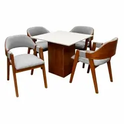 Mesa De Jantar Dakota 90x90cm Sem Vidro E 4 Cadeiras Perola Em Linho Madeira Cel Moveis Cinamomo Off White Com Tecido Cinza 75523
