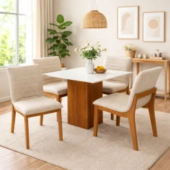 Mesa De Jantar Dakota 90x90cm Sem Vidro E 4 Cadeiras Sofia Em Linho Madeira Cel Moveis 89475