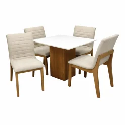 Mesa De Jantar Dakota 90x90cm Sem Vidro E 4 Cadeiras Sofia Em Linho Madeira Cel Moveis Cinamomo Off White Com Tecido Bege 29789