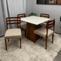 Mesa De Jantar Dakota 90x90cm Sem Vidro E 4 Cadeiras Turquia Em Linho Madeira Cel Moveis 66546