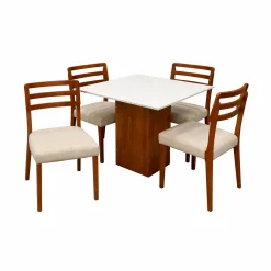 Mesa De Jantar Dakota 90x90cm Sem Vidro E 4 Cadeiras Turquia Em Linho Madeira Cel Moveis Cinamomo Off White Com Tecido Bege 25609