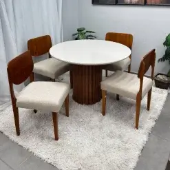 Mesa De Jantar Dara 110cm Redonda Com Vidro E 4 Cadeiras Barcelona Em Linho Madeira Lj Moveis 55739