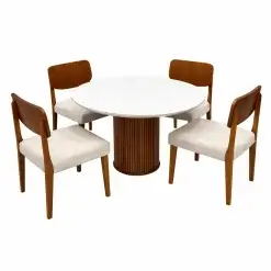 Mesa De Jantar Dara 110cm Redonda Com Vidro E 4 Cadeiras Barcelona Em Linho Madeira Lj Moveis Cinamomo Off White Com Tecido Bege 96910