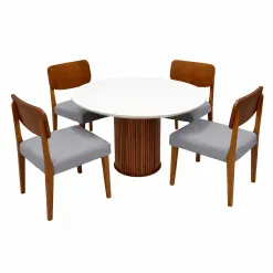 Mesa De Jantar Dara 110cm Redonda Com Vidro E 4 Cadeiras Barcelona Em Linho Madeira Lj Moveis Cinamomo Off White Com Tecido Cinza 47315